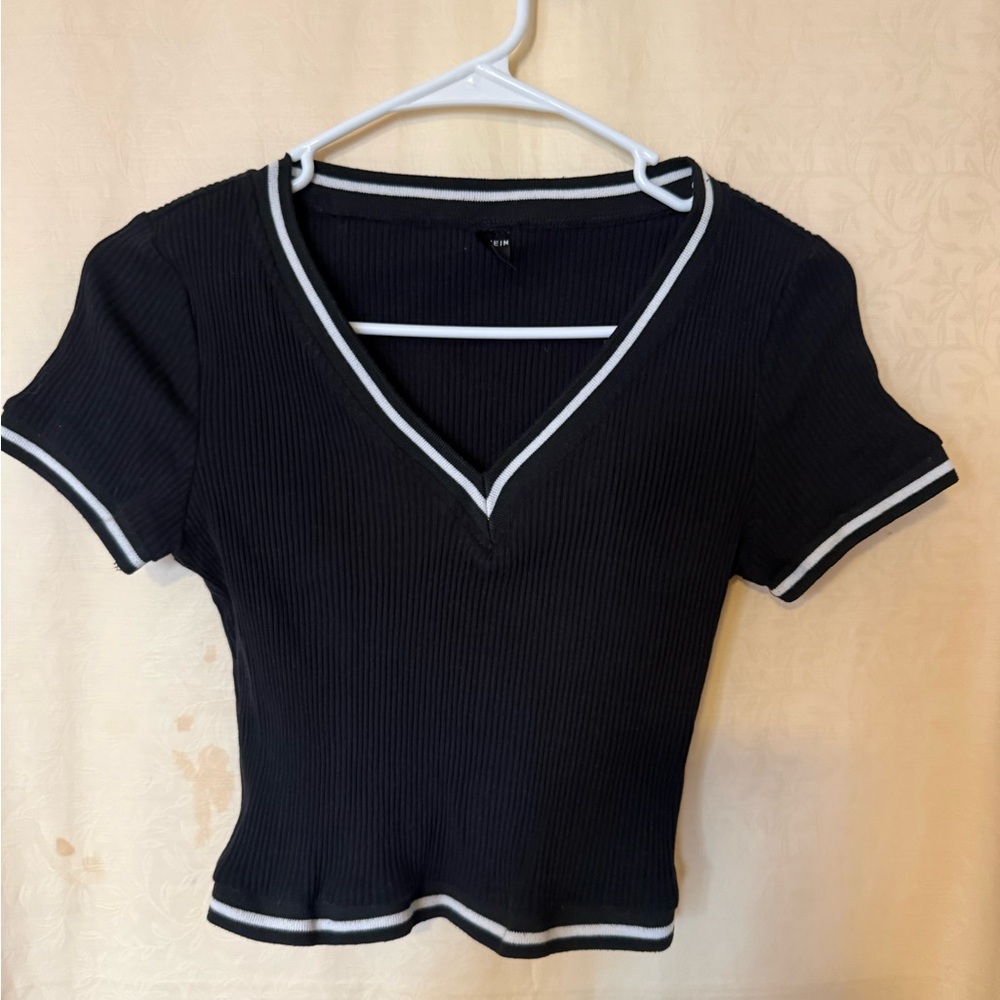 SHEIN Top, Women’s size Medium Black Ribbed Crop Top with White Trim